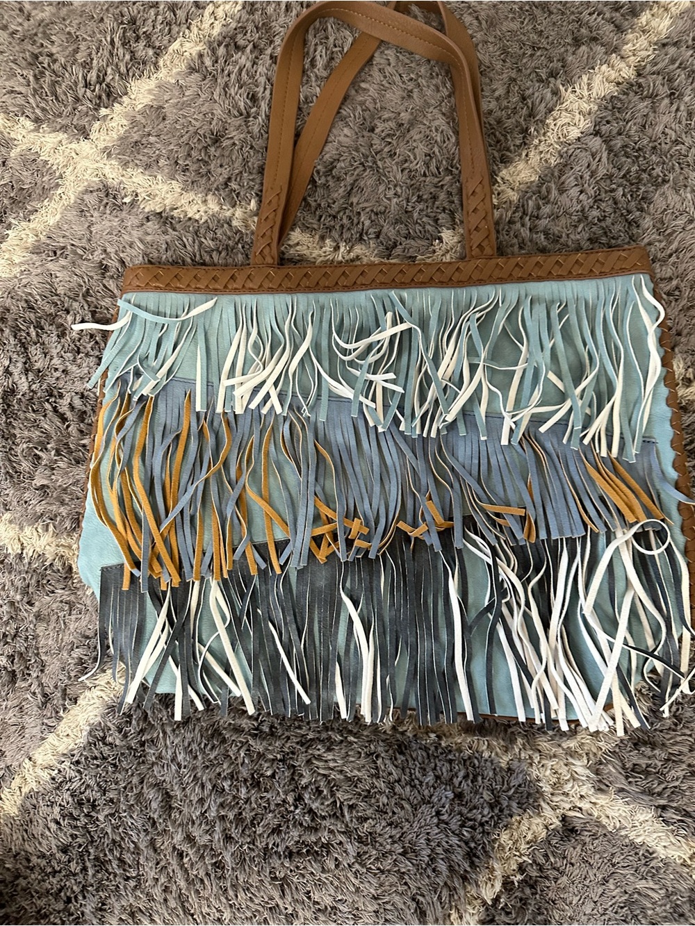 Steve Madden Fringe Tote in Light Blue, Tan, Gray, White